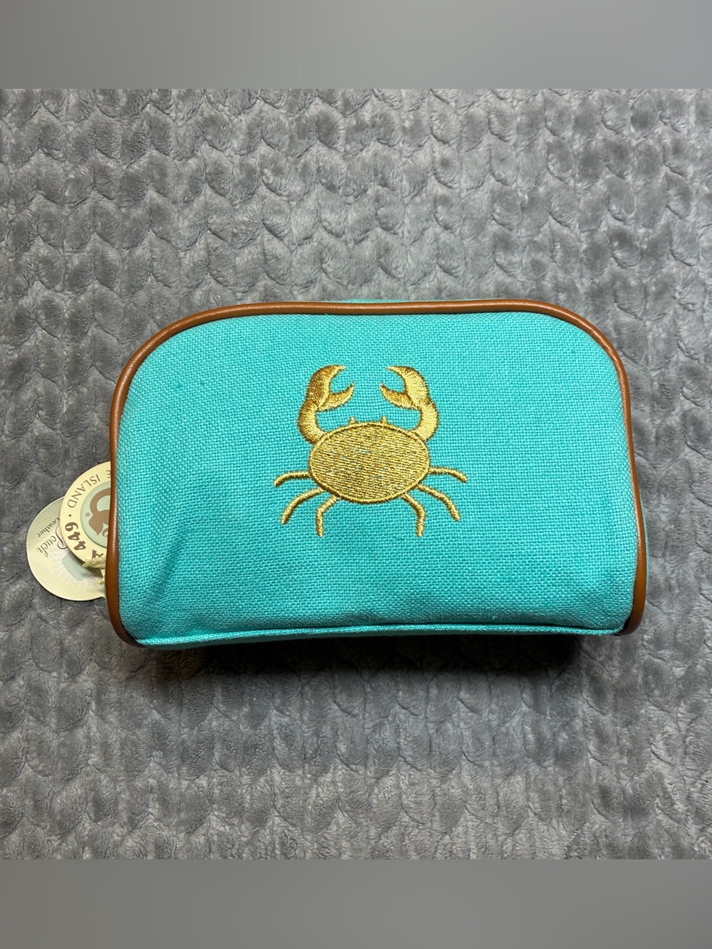 Spartina 449 Turquoise Cosmetic Pouch with Gold Crab Embroidery